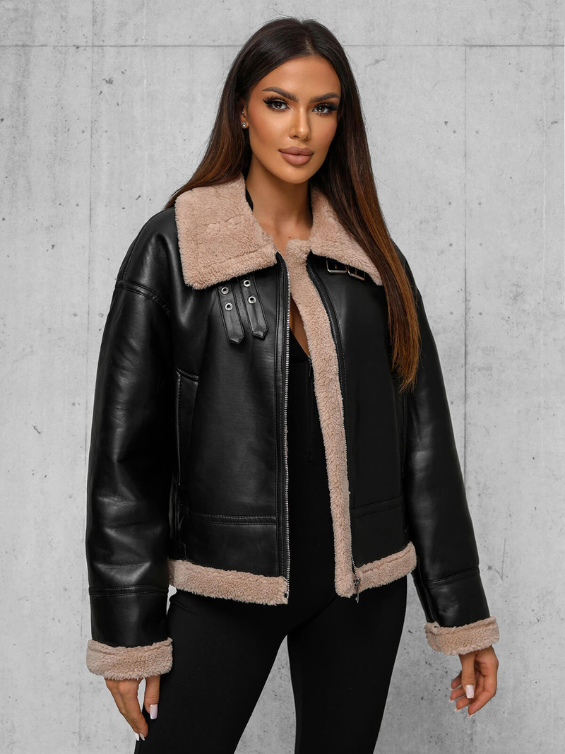 Juodai-smėlinis moteriška odinė striukė OZONEE JS/11Z8176Z