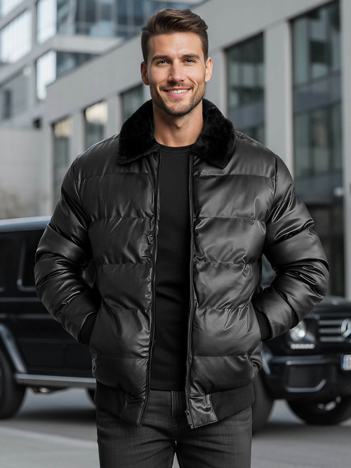 Juoda vyriška žieminė odinė striukė OZONEE O/M795Z