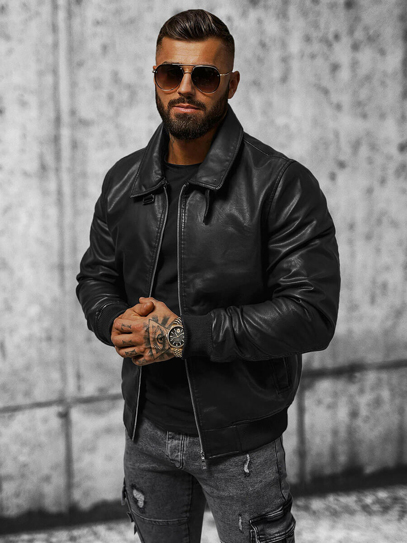 Juoda vyriška odinė striukė OZONEE JB/JP1178Z