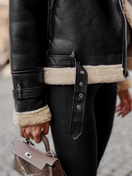 Juodai-smėlinis moteriška odinė striukė OZONEE JS/11Z8177