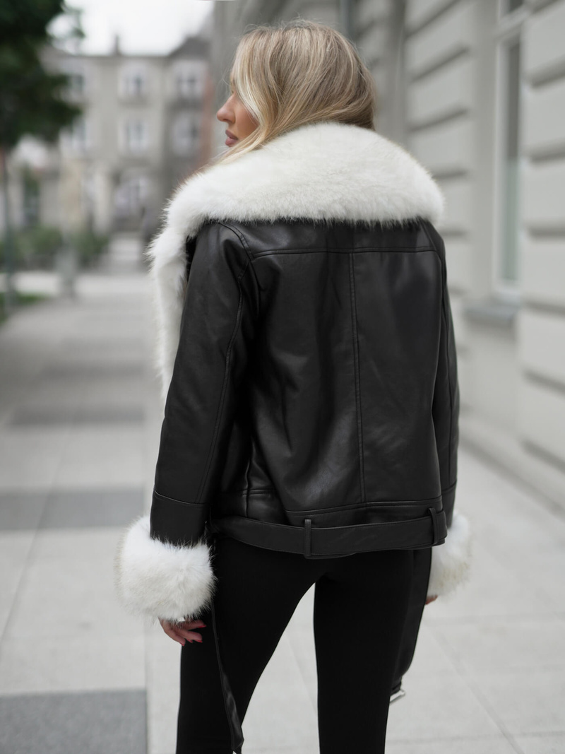 Juodai-smėlinis moteriška odinė striukė OZONEE JS/61M8507/392BZ