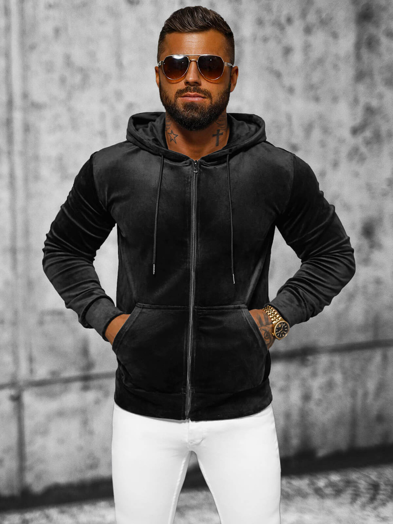 Juodas vyriškas veliūrinis džemperis su gobtuvu OZONEE JS/8B1168/3