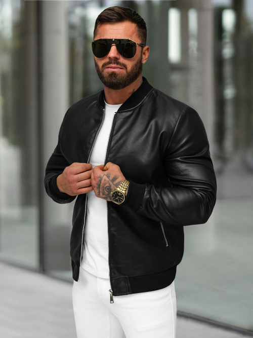 Juoda vyriška odinė striukė OZONEE JS/11Z8107