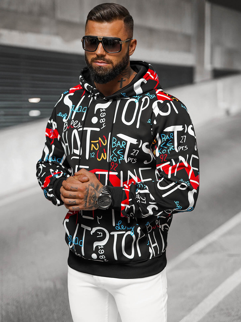 Juodas vyriškas džemperis su gobtuvu OZONEE JS/8B1233/3