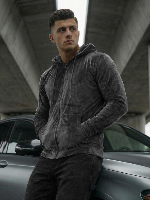 Grafitinis vyriškas veliūrinis džemperis su gobtuvu OZONEE JS/8B1168/6Z