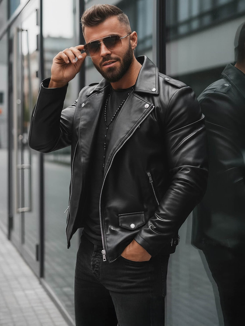 Juoda vyriška odinė striukė OZONEE JS/11Z8014Z